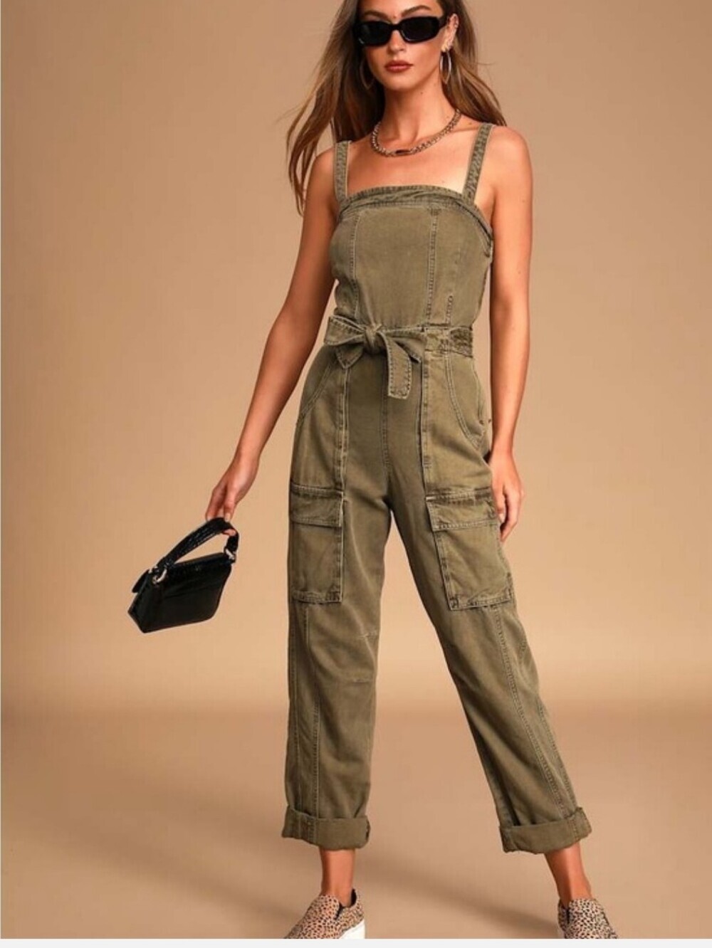 Free People "Go West" Utility Jumpsuit Green Utility Cargo Jumpsuit Belted Xs
